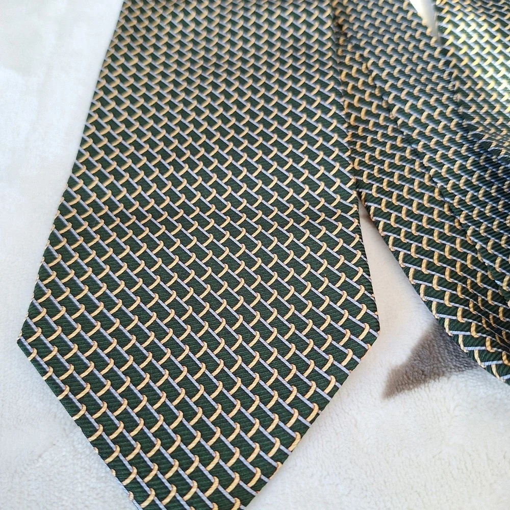 Brooks Brothers 346‎ Green Gold Geometric Tie Preppy Dapper Silk Wedding USA New